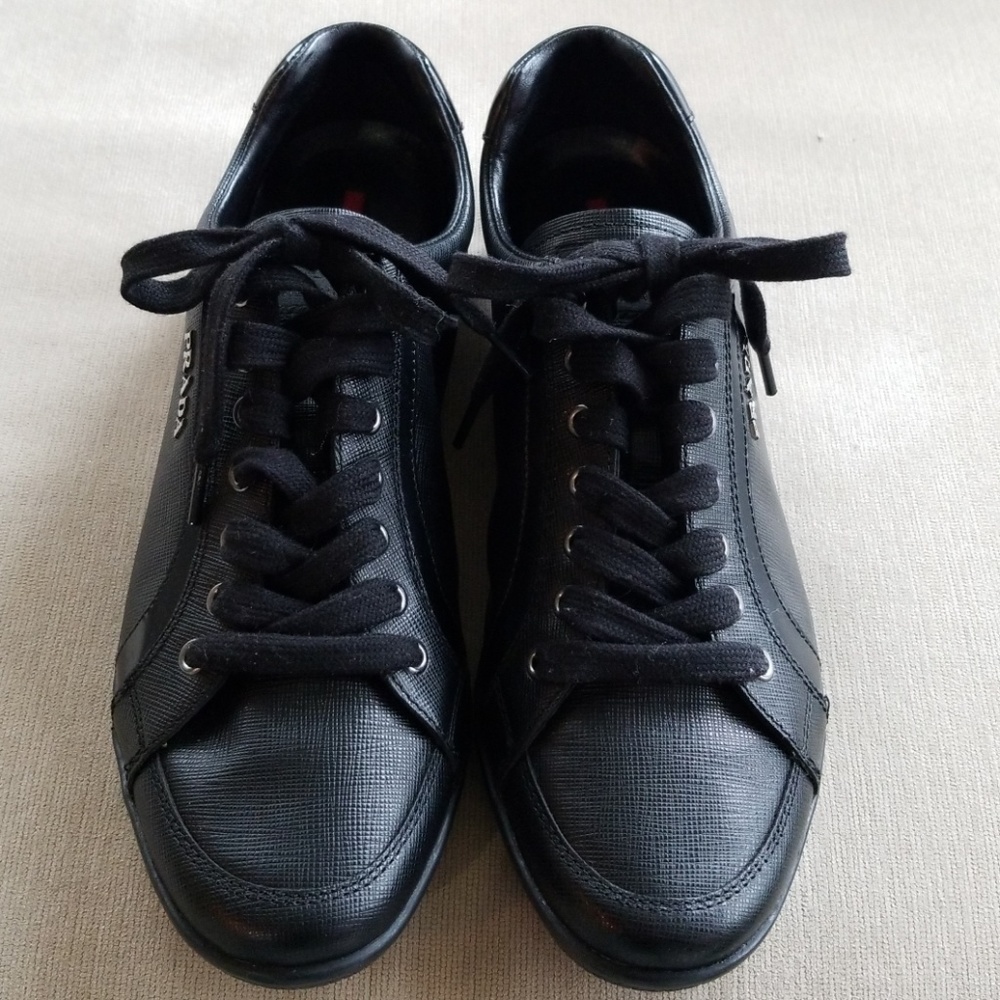 Prada Black Leather Sneakers, Size 39.5
